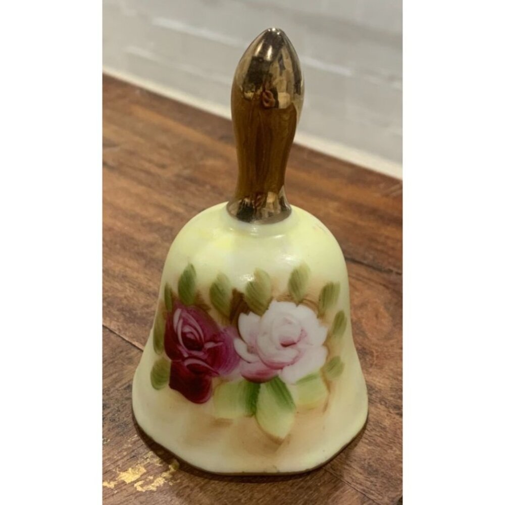 Vintage Japan Hand-Painted Ceramic Bell With Floral Design & Gold-Tone Handle
